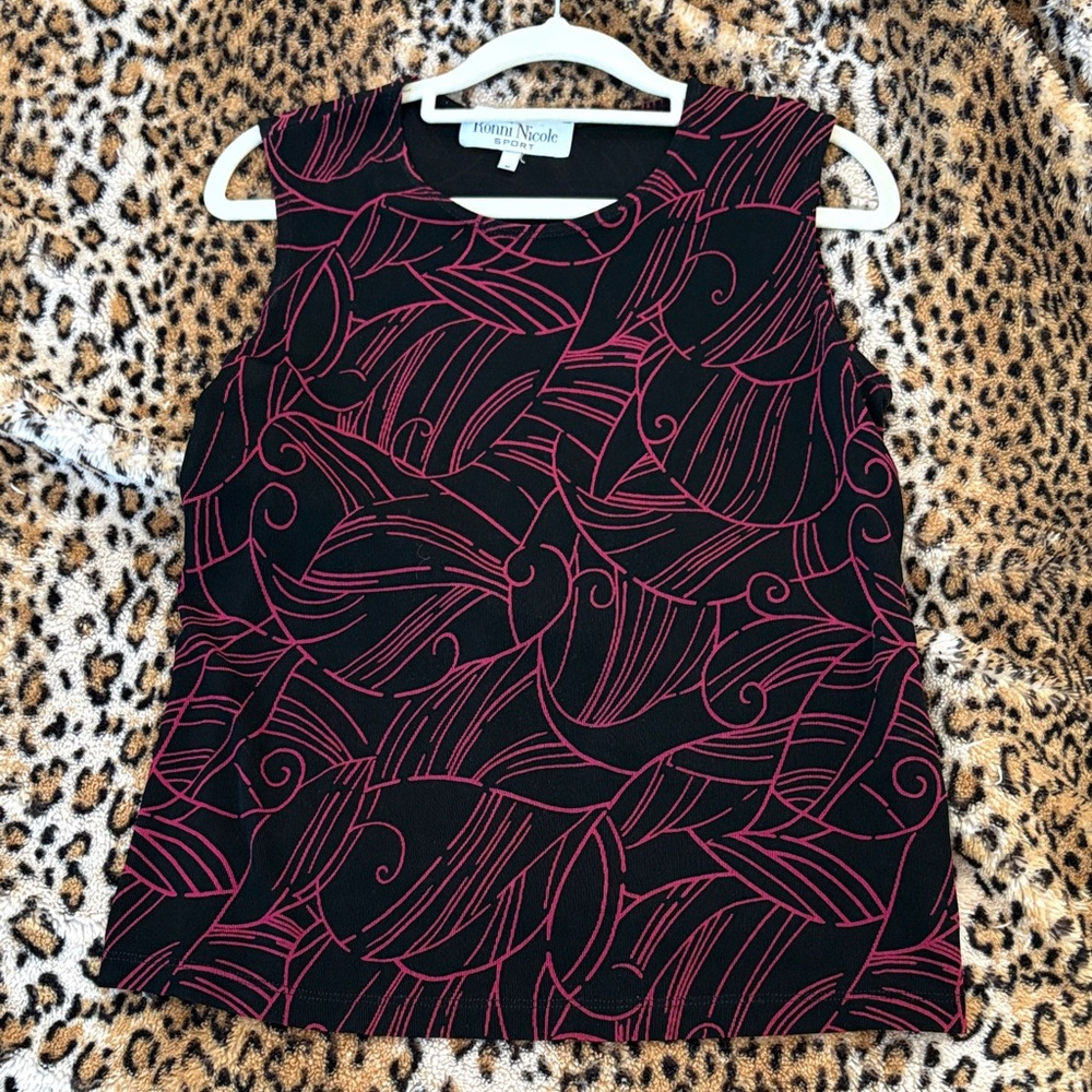 Ronni Nicole Black Blouse with Pink Abstract Design